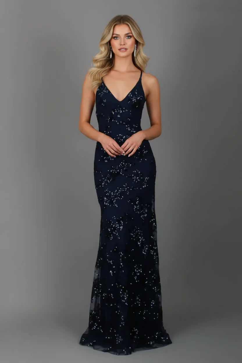 Women’s sequin V-neck fitted evening maxi dress with a sleek silhouette, subtle sparkling embellishments, and floor-length design, ideal for formal occasions and evening events.