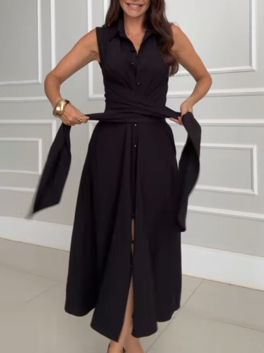 Women’s sleeveless shirt midi dress with button down front and tie waist for work and casual wear