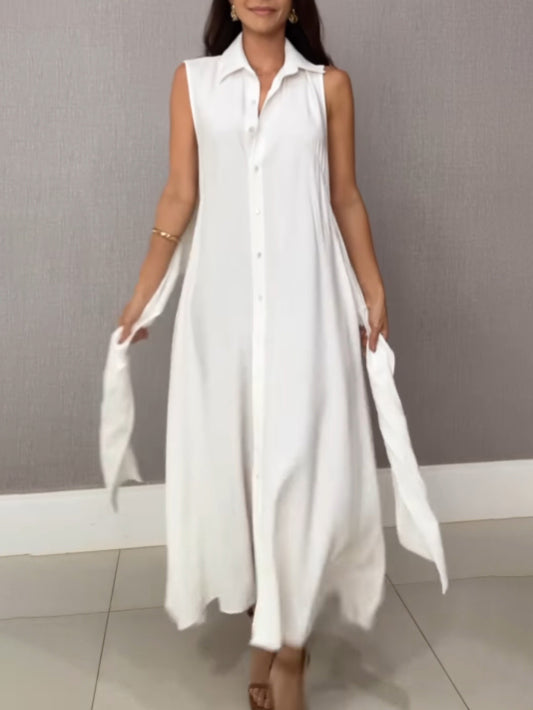 Women’s sleeveless shirt midi dress with button down front and tie waist for work and casual wear