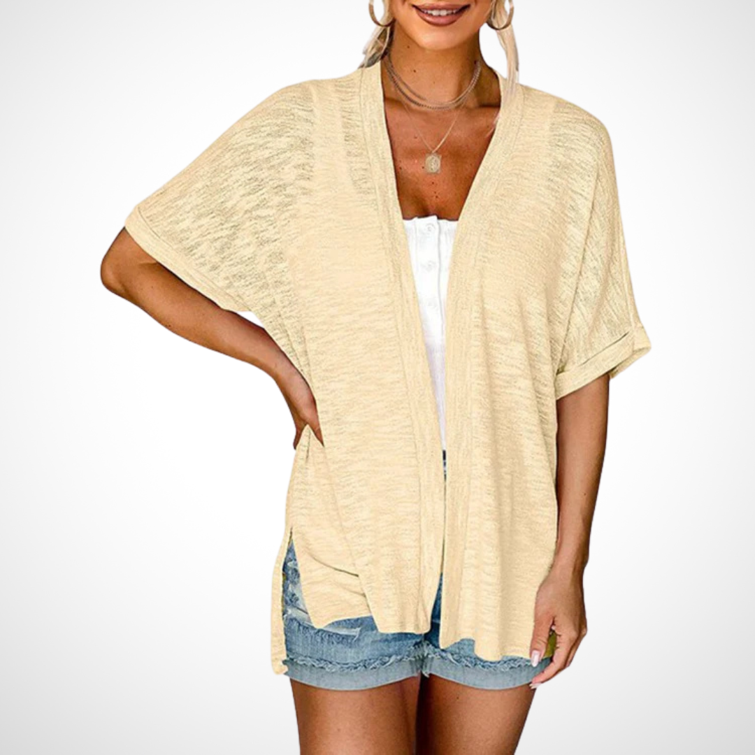 Women’s short-sleeve cardigan with relaxed fit for casual layering