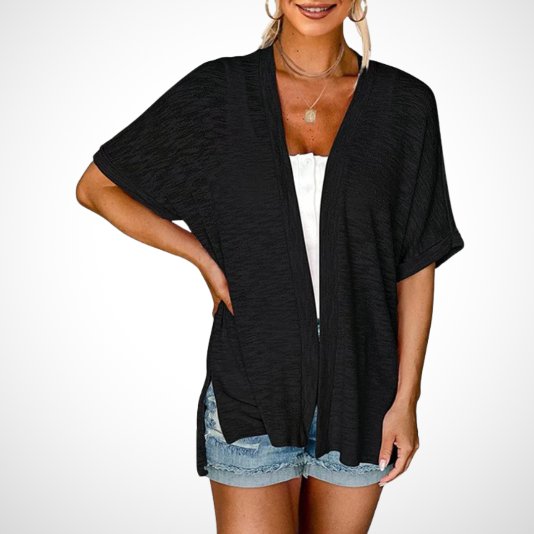 Women’s short-sleeve cardigan with relaxed fit for casual layering