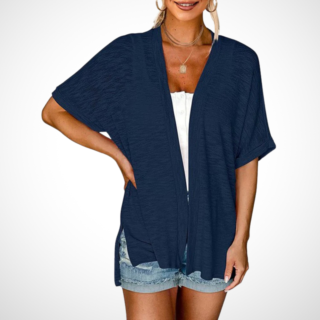 Women’s short-sleeve cardigan with relaxed fit for casual layering