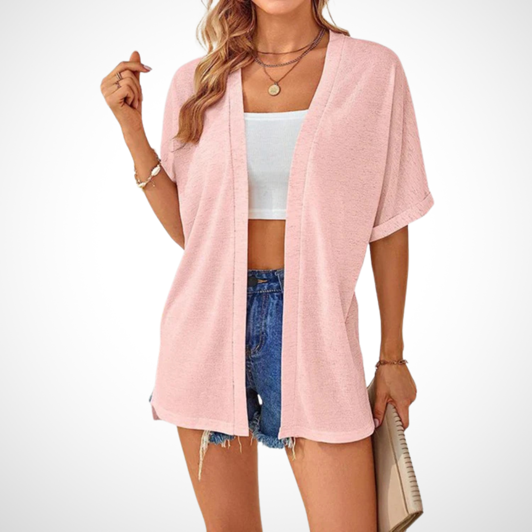 Women’s short-sleeve cardigan with relaxed fit for casual layering