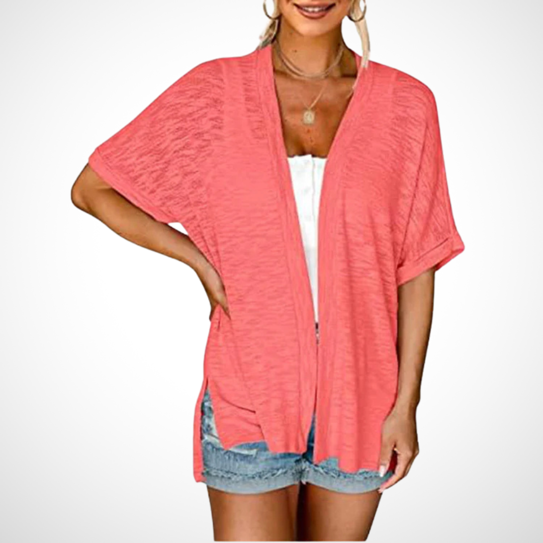 Women’s short-sleeve cardigan with relaxed fit for casual layering