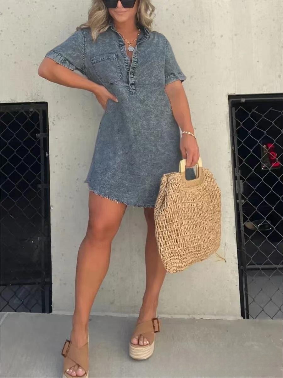 Women's short sleeve denim shirt dress with button front, collar, and relaxed casual fit