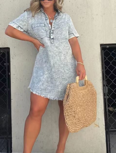 Women's short sleeve denim shirt dress with button front, collar, and relaxed casual fit