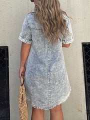 Women's short sleeve denim shirt dress with button front, collar, and relaxed casual fit
