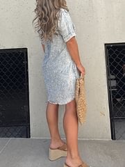 Women's short sleeve denim shirt dress with button front, collar, and relaxed casual fit