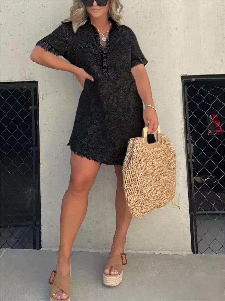 Women's short sleeve denim shirt dress with button front, collar, and relaxed casual fit