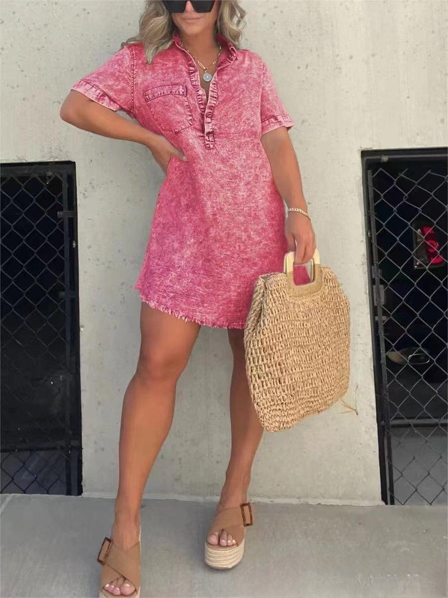 Women's short sleeve denim shirt dress with button front, collar, and relaxed casual fit
