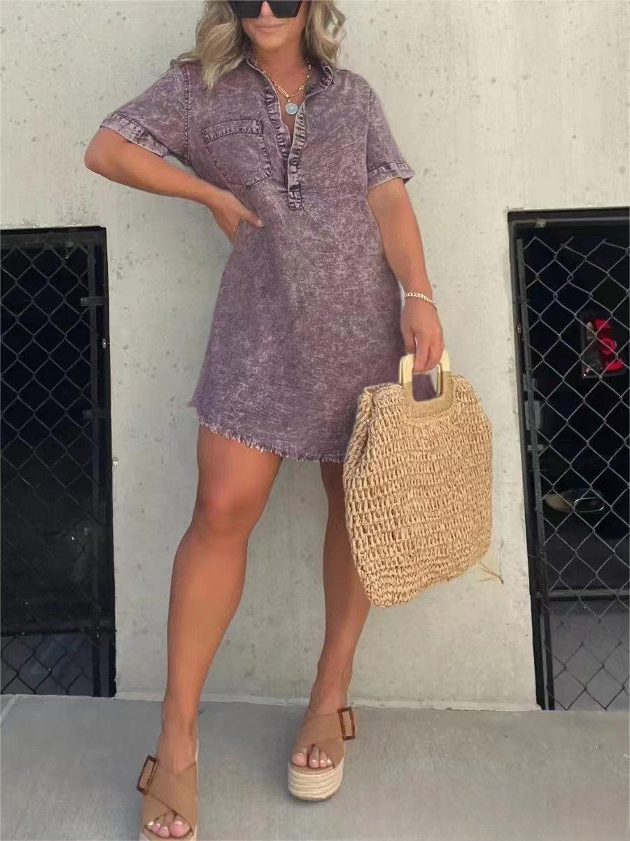 Women's short sleeve denim shirt dress with button front, collar, and relaxed casual fit