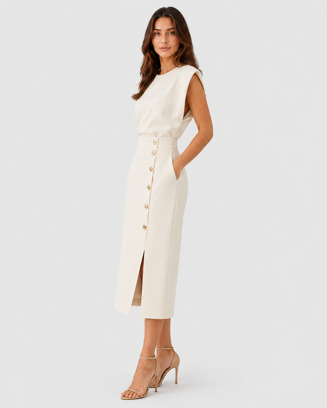 Women’s Side Slit Waist Detail Midi Dress with a tailored silhouette, defined waistline, and side slit detail, crafted from a lightweight woven polyester blend for elegant everyday and occasion wear.