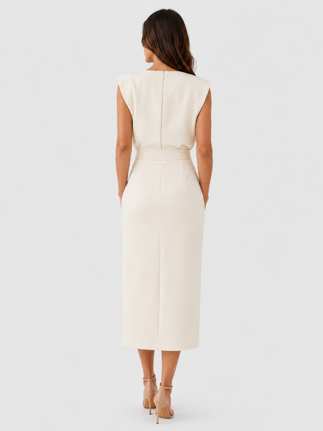 Women’s Side Slit Waist Detail Midi Dress with a tailored silhouette, defined waistline, and side slit detail, crafted from a lightweight woven polyester blend for elegant everyday and occasion wear.