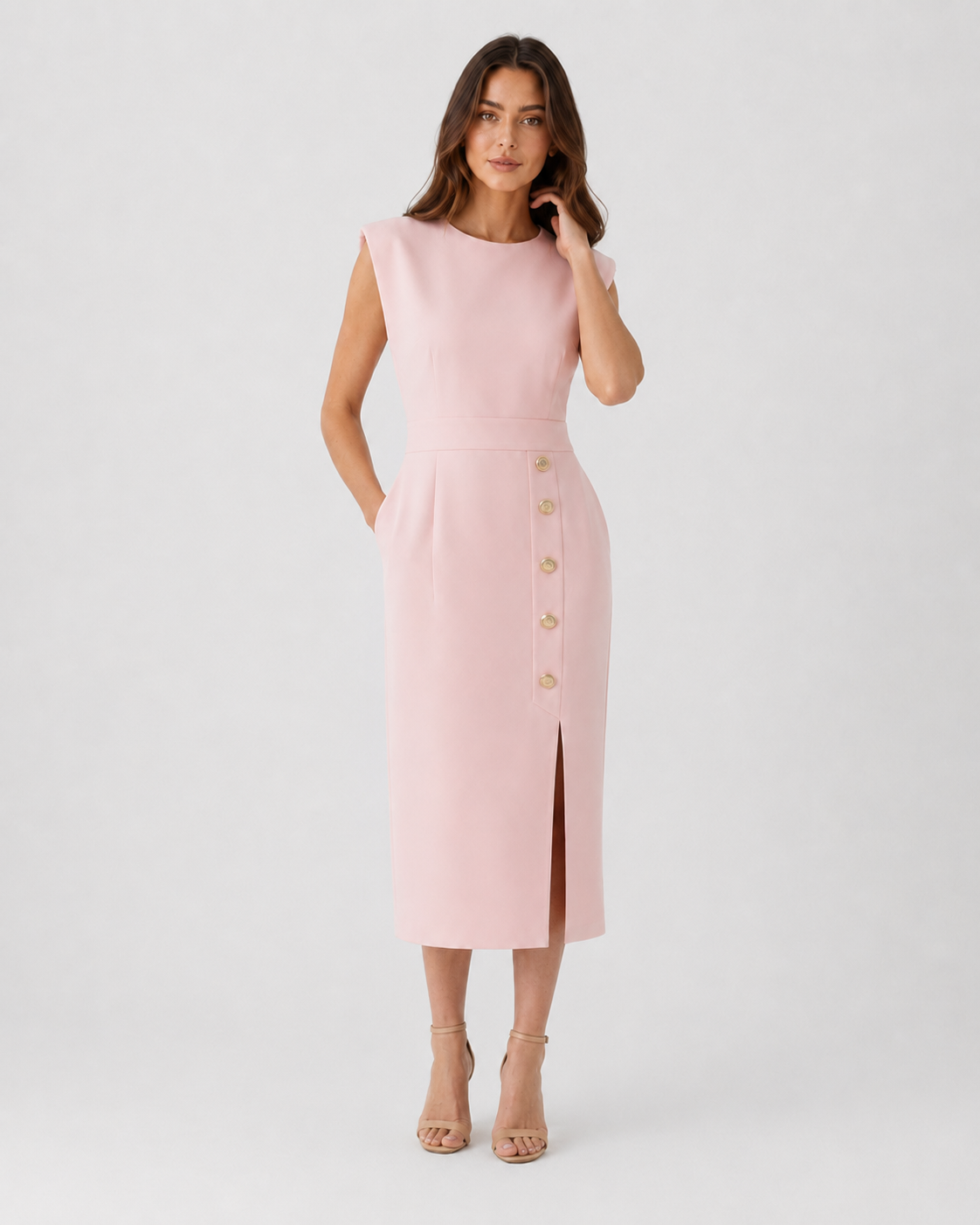 Women’s Side Slit Waist Detail Midi Dress with a tailored silhouette, defined waistline, and side slit detail, crafted from a lightweight woven polyester blend for elegant everyday and occasion wear.