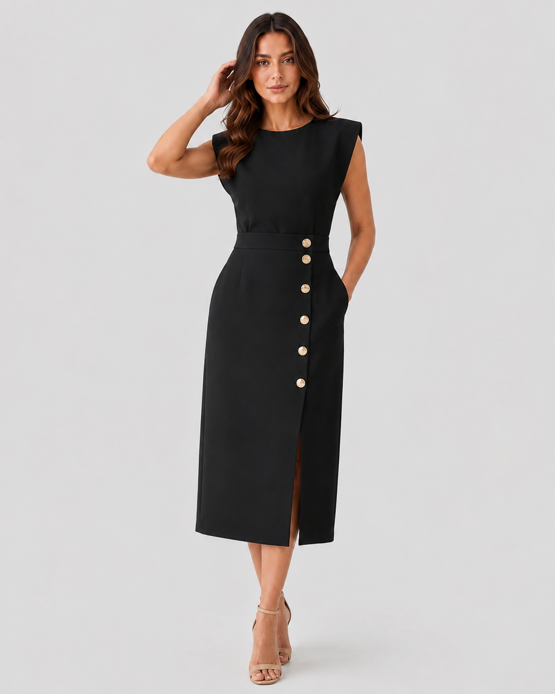Women’s Side Slit Waist Detail Midi Dress with a tailored silhouette, defined waistline, and side slit detail, crafted from a lightweight woven polyester blend for elegant everyday and occasion wear.