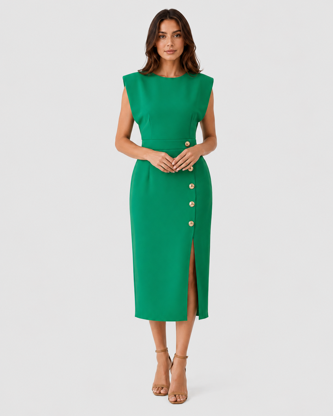 Women’s Side Slit Waist Detail Midi Dress with a tailored silhouette, defined waistline, and side slit detail, crafted from a lightweight woven polyester blend for elegant everyday and occasion wear.