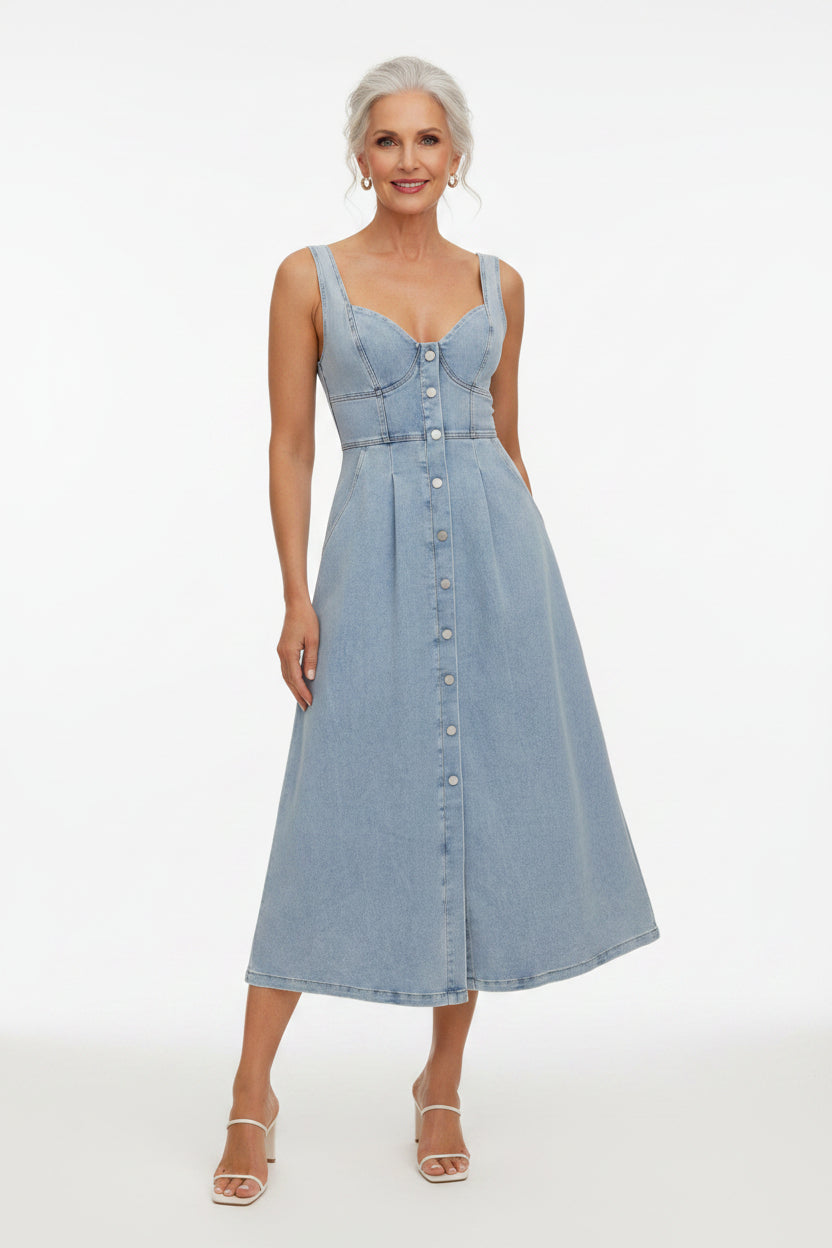 Women’s sleeveless button front denim dress with casual midi length for everyday wear