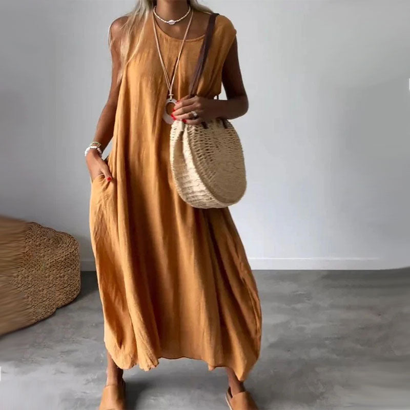 Women's sleeveless cotton linen dress with pockets and relaxed breathable summer fit