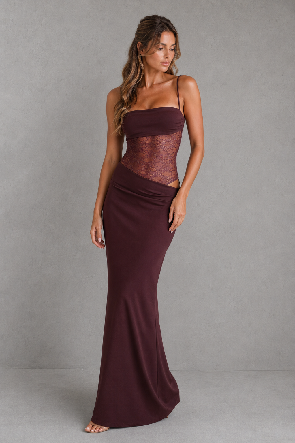 Women's sleeveless lace panel cut-out maxi dress featuring a fitted bodycon bodice, elegant neckline, delicate lace patchwork details, and a flowing maxi-length skirt, ideal for evening events, formal occasions, and special celebrations.
