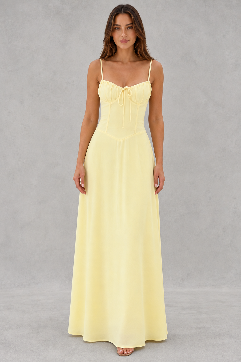 Women’s sleeveless maxi dress with adjustable lace-up front detail, fitted bodice, and flowing floor-length skirt, ideal for summer holidays, garden parties, beach events, and occasion wear.