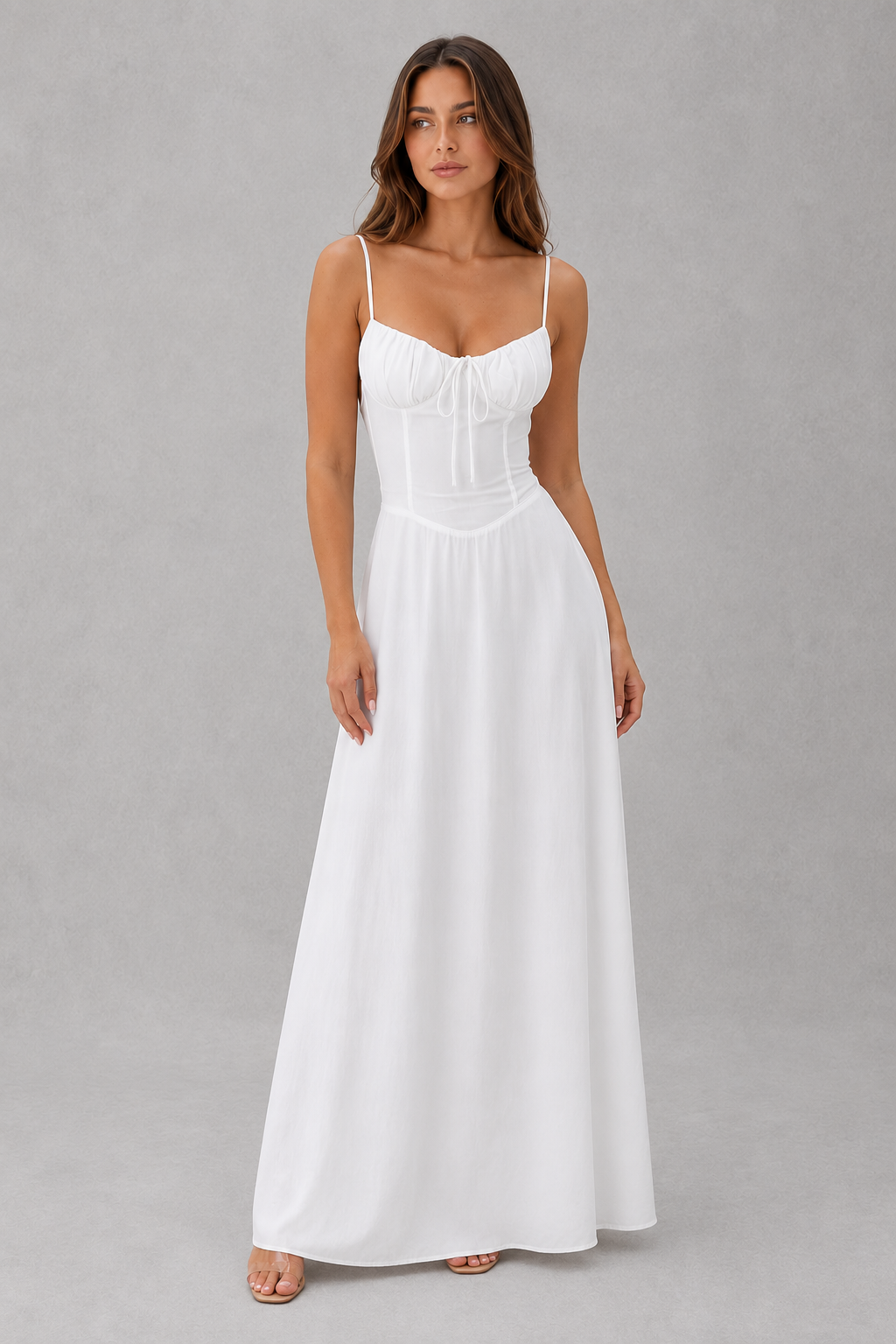 Women’s sleeveless maxi dress with adjustable lace-up front detail, fitted bodice, and flowing floor-length skirt, ideal for summer holidays, garden parties, beach events, and occasion wear.