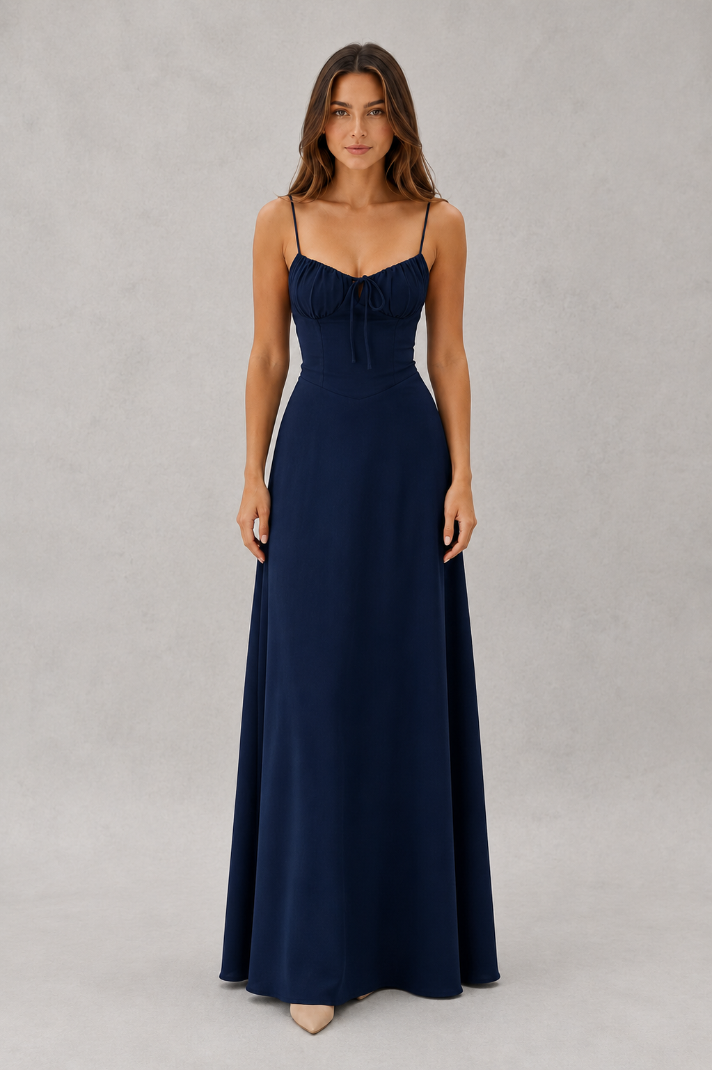 Women’s sleeveless maxi dress with adjustable lace-up front detail, fitted bodice, and flowing floor-length skirt, ideal for summer holidays, garden parties, beach events, and occasion wear.