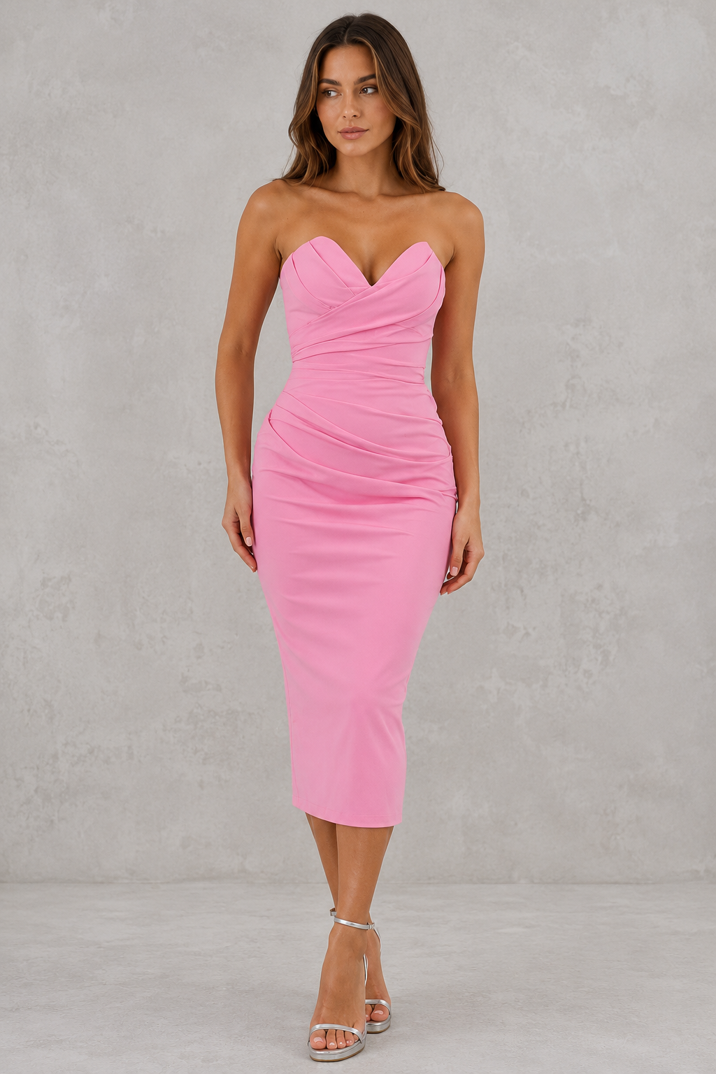 Women's Strapless Bodycon Midi Dress with Side Slit