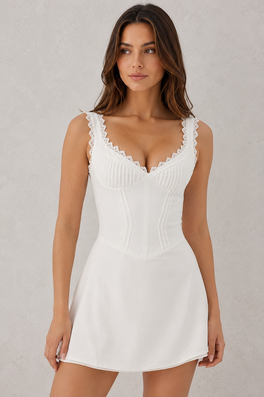 Women's sleeveless mini dress with a V-neckline, pin pleated fitted bodice, defined waist, and softly flared skirt in lightweight polyester, ideal for casual outings and special occasions.