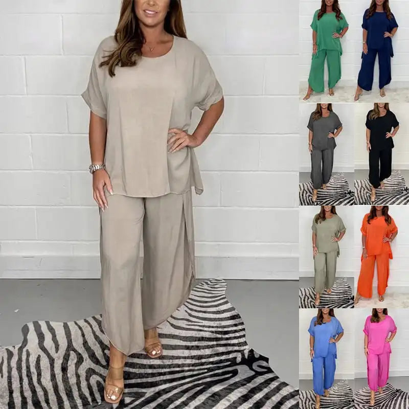 Women's sleeveless two piece pants set with matching top and relaxed lightweight summer fit