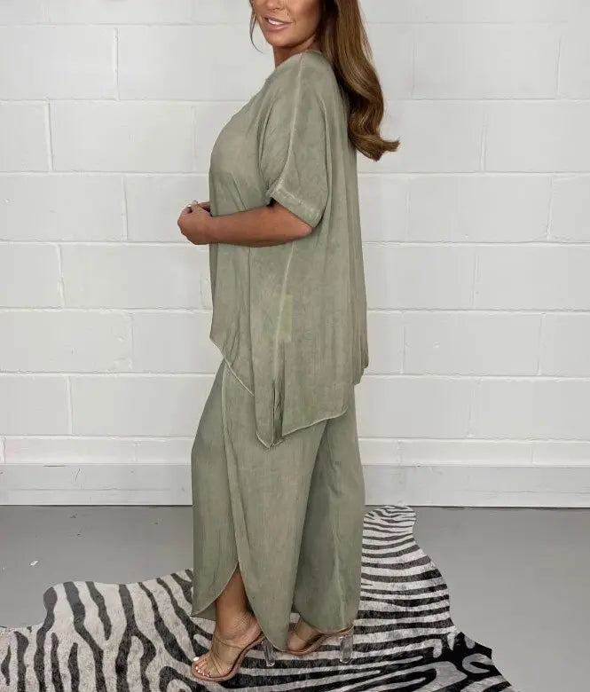 Women's sleeveless two piece pants set with matching top and relaxed lightweight summer fit