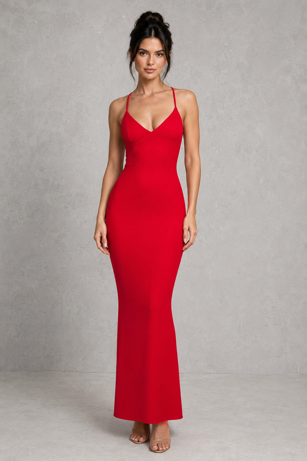 Women's slinky maxi dress with triangle cup bodice, adjustable crossover straps, low V-shaped back, ruched detailing, and a fitted silhouette that flares into a floor-length skirt for elegant evening and formal occasions.