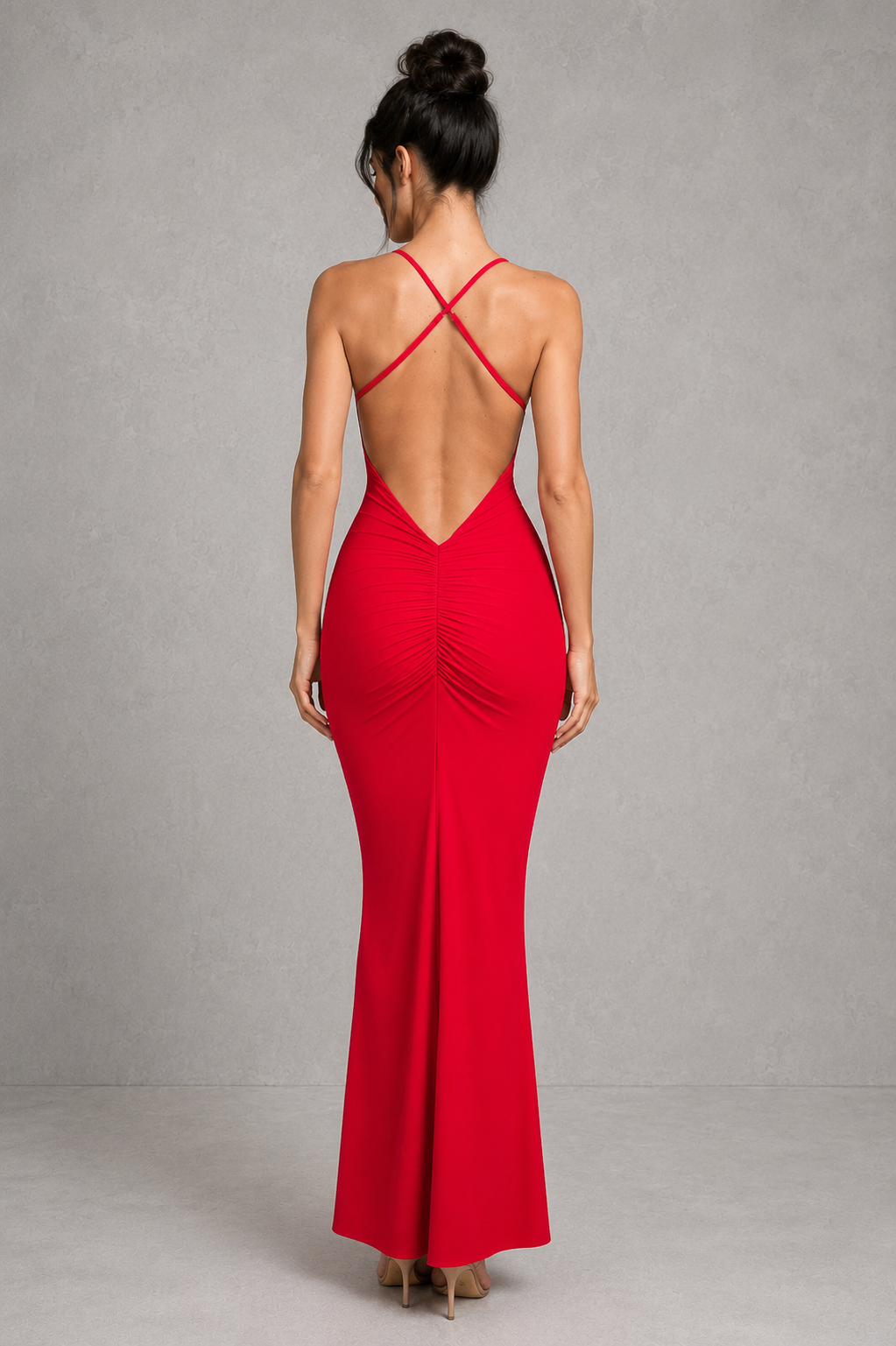 Women's slinky maxi dress with triangle cup bodice, adjustable crossover straps, low V-shaped back, ruched detailing, and a fitted silhouette that flares into a floor-length skirt for elegant evening and formal occasions.