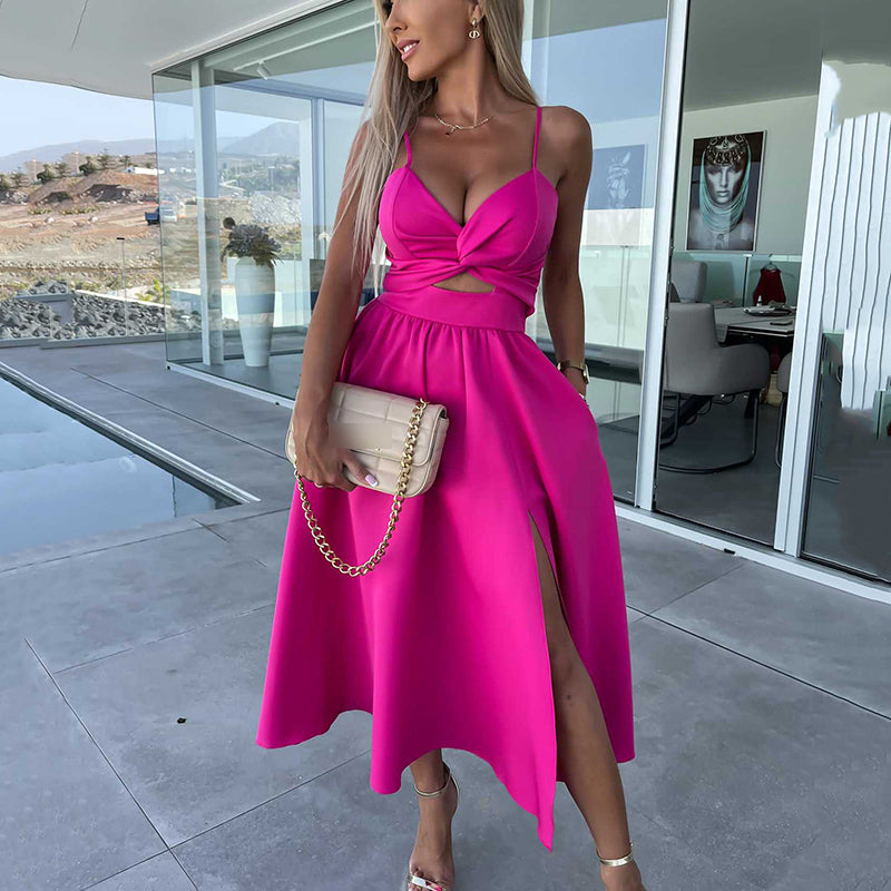 Women’s spaghetti strap slit midi dress with cut out front and fitted silhouette for evening and event wear