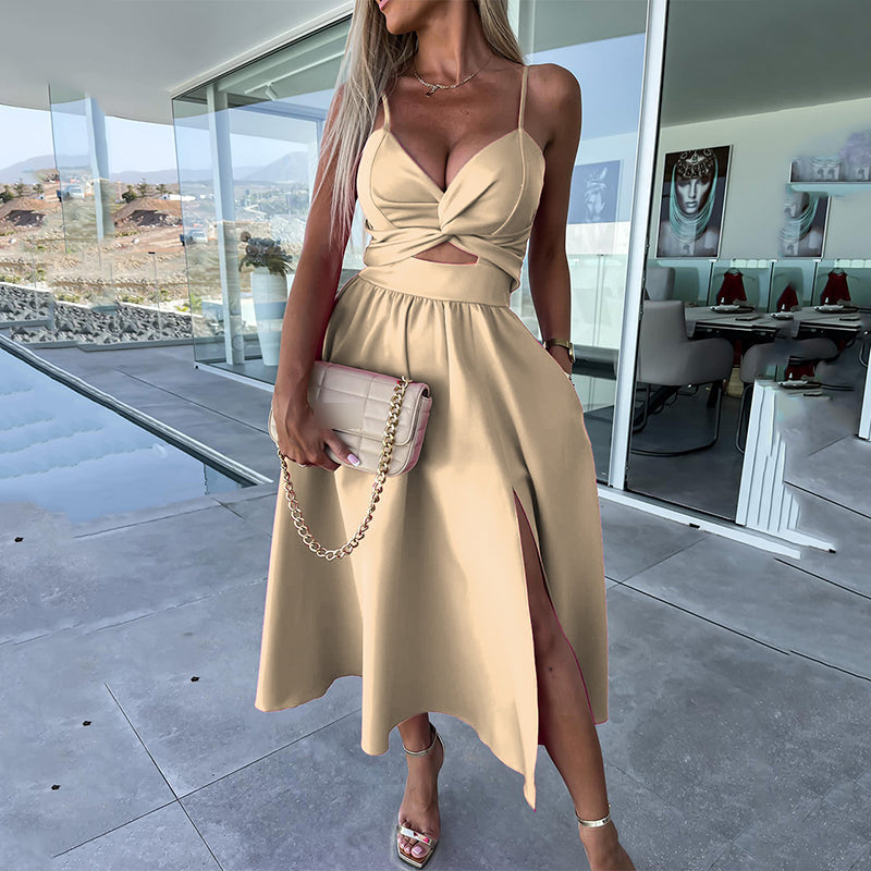 Women’s spaghetti strap slit midi dress with cut out front and fitted silhouette for evening and event wear