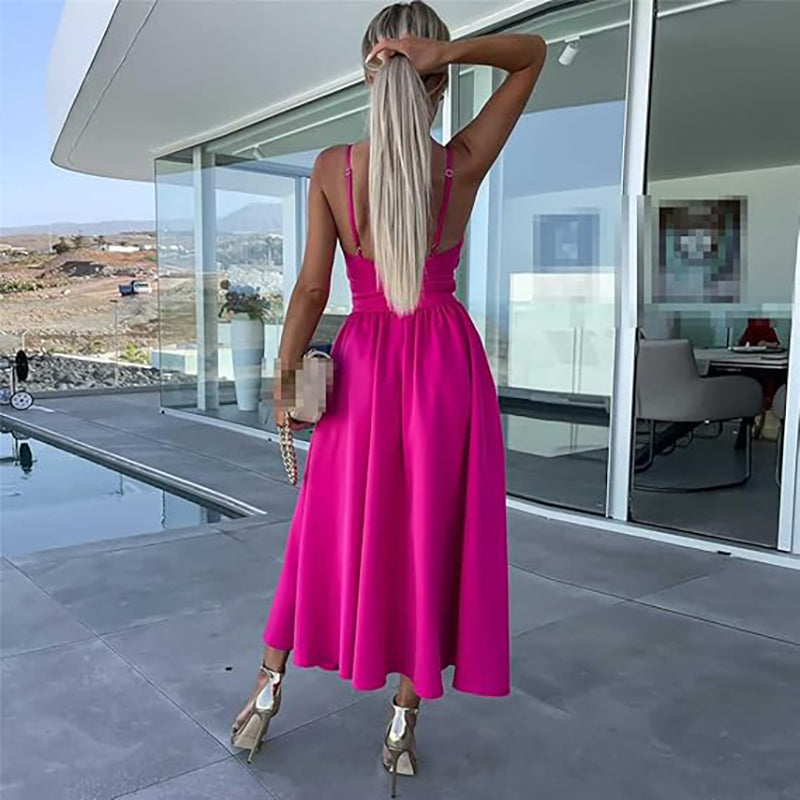 Women’s spaghetti strap slit midi dress with cut out front and fitted silhouette for evening and event wear