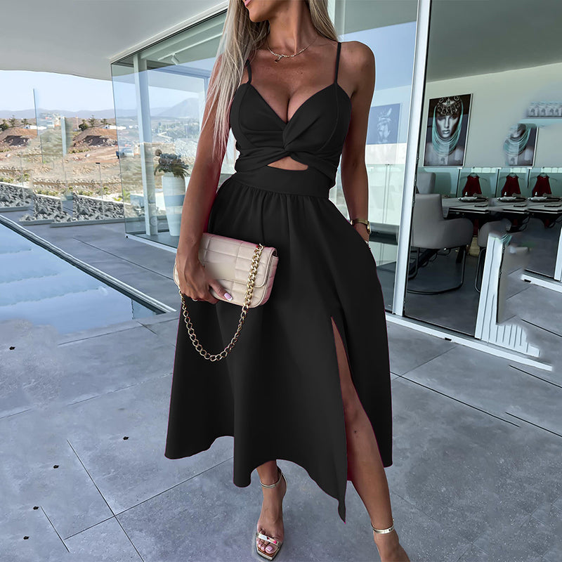 Women’s spaghetti strap slit midi dress with cut out front and fitted silhouette for evening and event wear