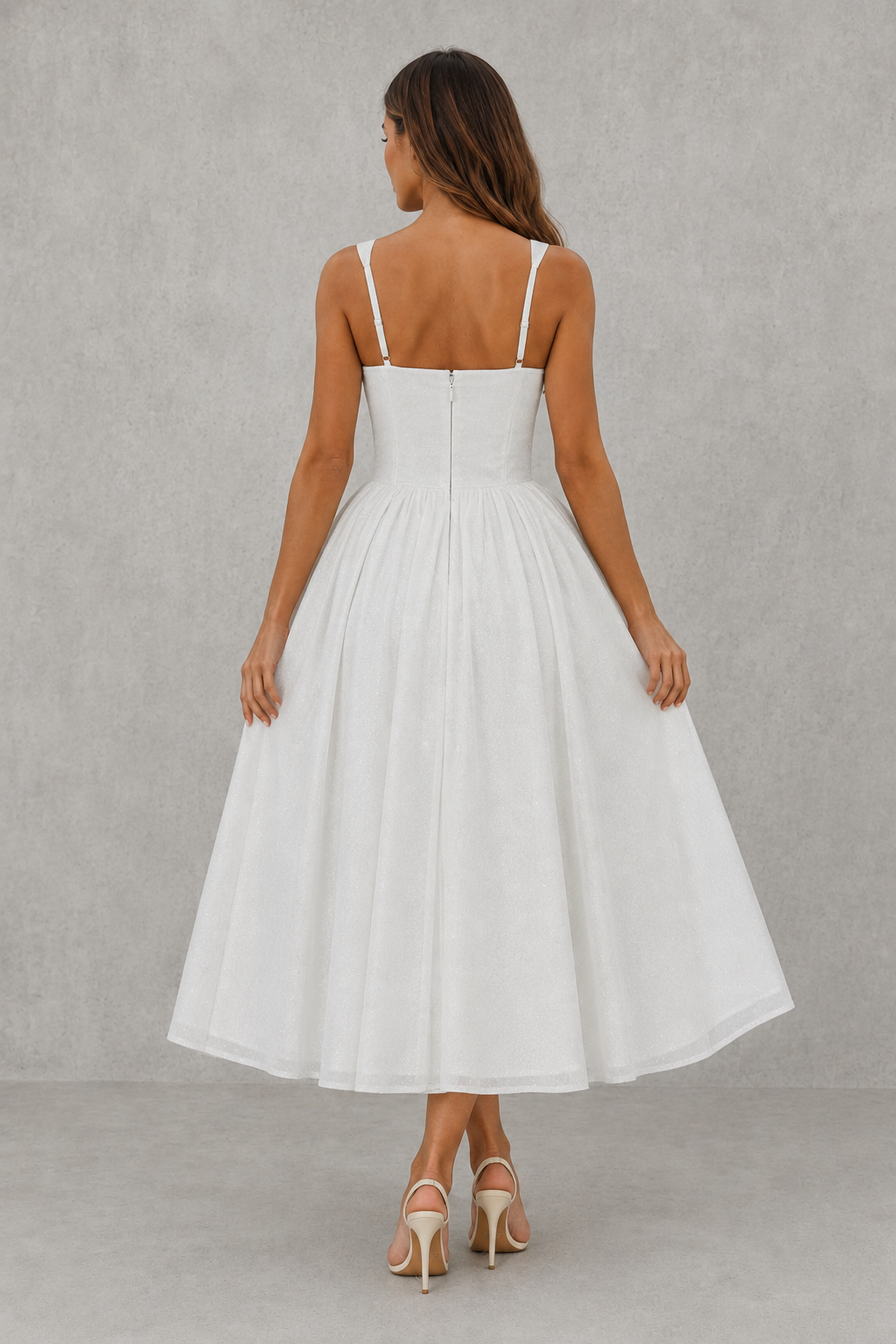 Women's sparkle midi dress with a structured corset bodice, wide square neckline, adjustable straps, and a full gathered midi skirt with subtle shimmer, ideal for weddings and special occasions.