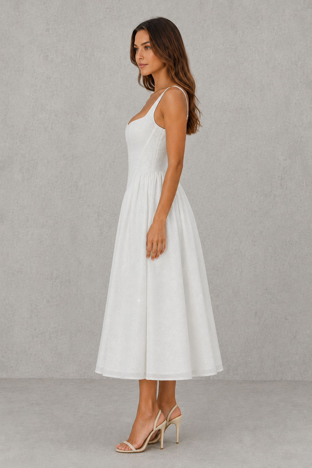 Women's sparkle midi dress with a structured corset bodice, wide square neckline, adjustable straps, and a full gathered midi skirt with subtle shimmer, ideal for weddings and special occasions.