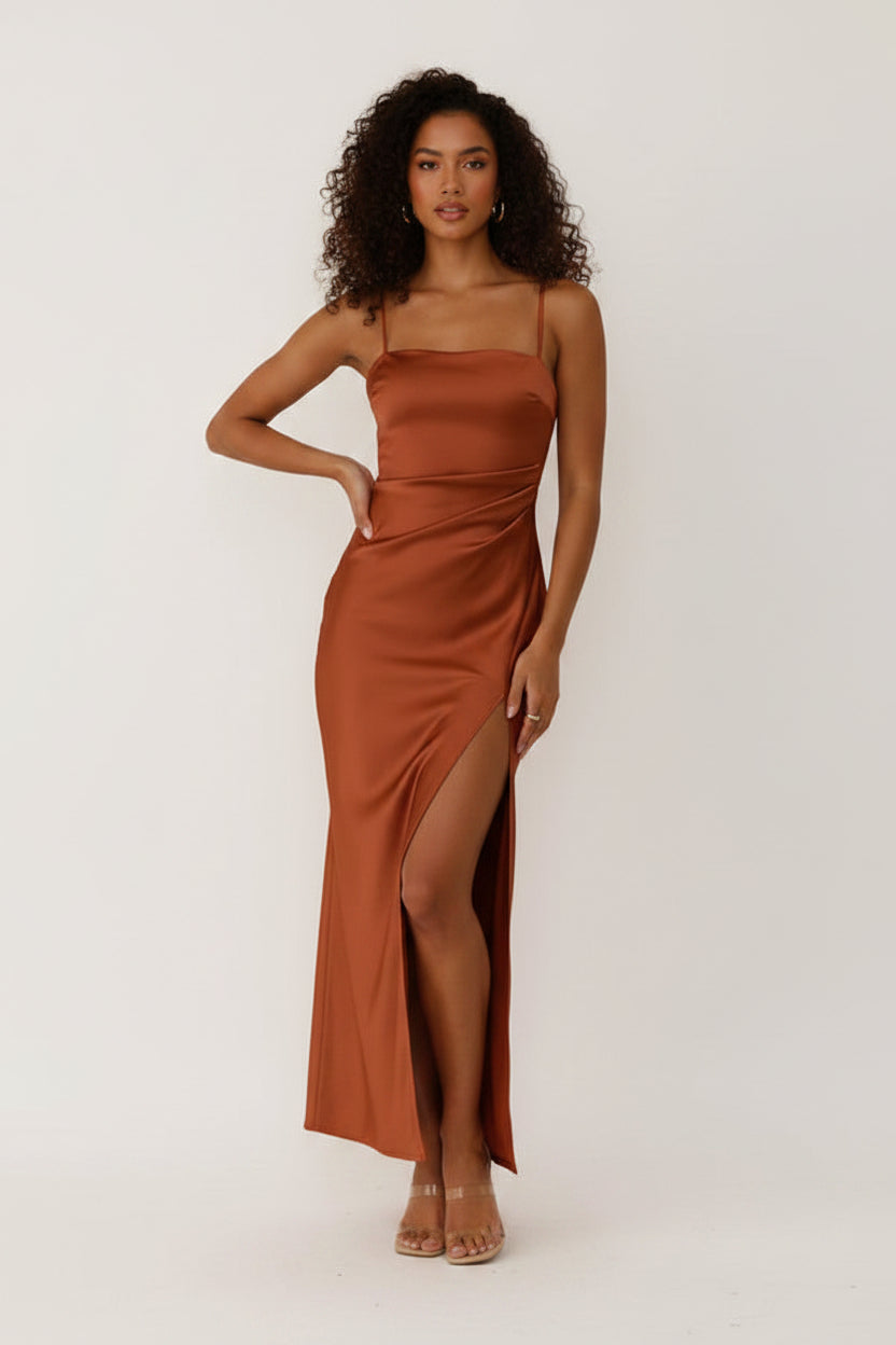 Women’s square neck maxi dress with adjustable straps and side slit