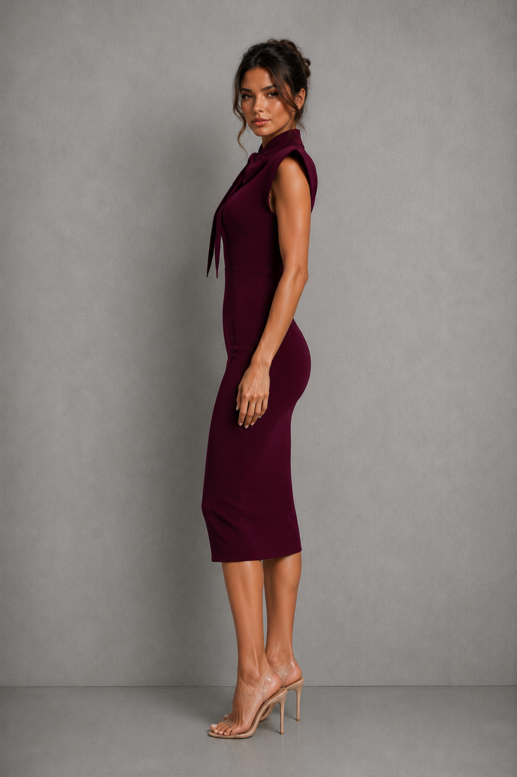 Women’s midi dress with a stand collar, elegant bow tie neckline, flutter sleeves and flattering slim-fit silhouette.