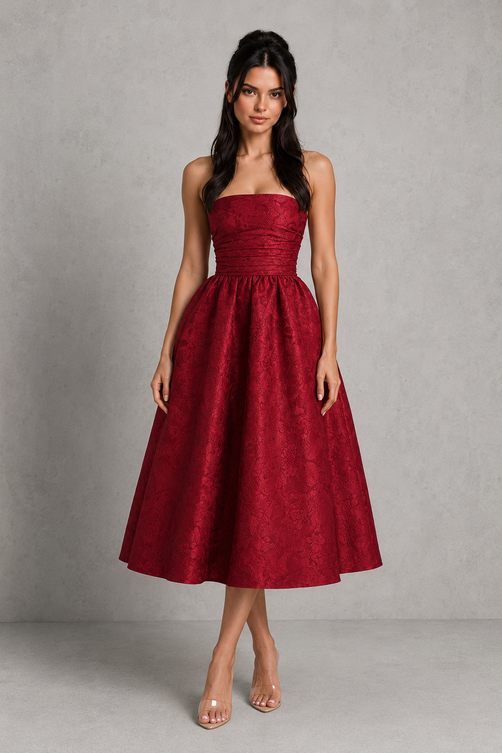 Women's strapless floral jacquard midi dress with a structured boned corset bodice, pleated detailing, lace-up back, and a voluminous tulle-lined skirt, ideal for weddings, garden parties, and special occasions.