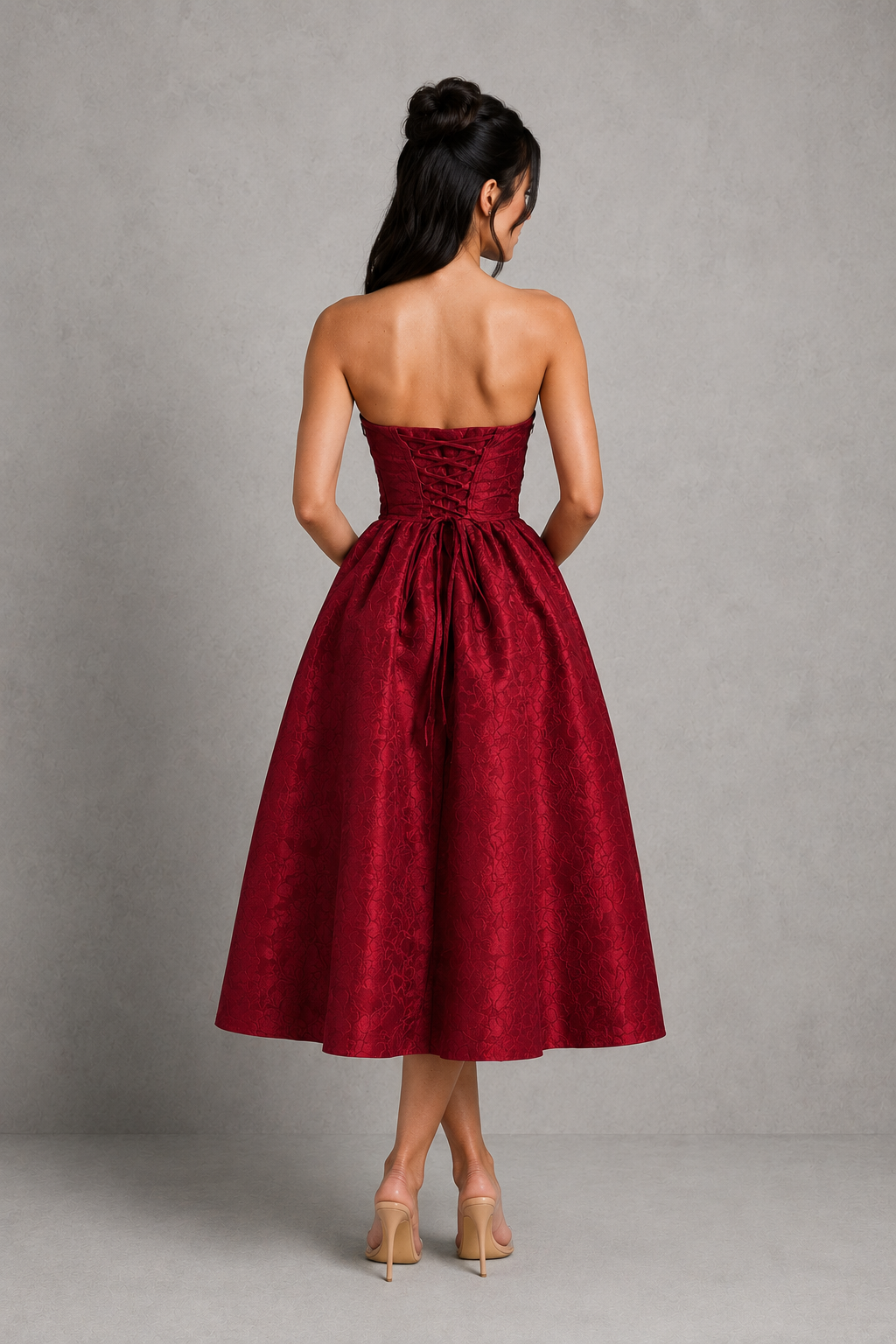 Women's strapless floral jacquard midi dress with a structured boned corset bodice, pleated detailing, lace-up back, and a voluminous tulle-lined skirt, ideal for weddings, garden parties, and special occasions.
