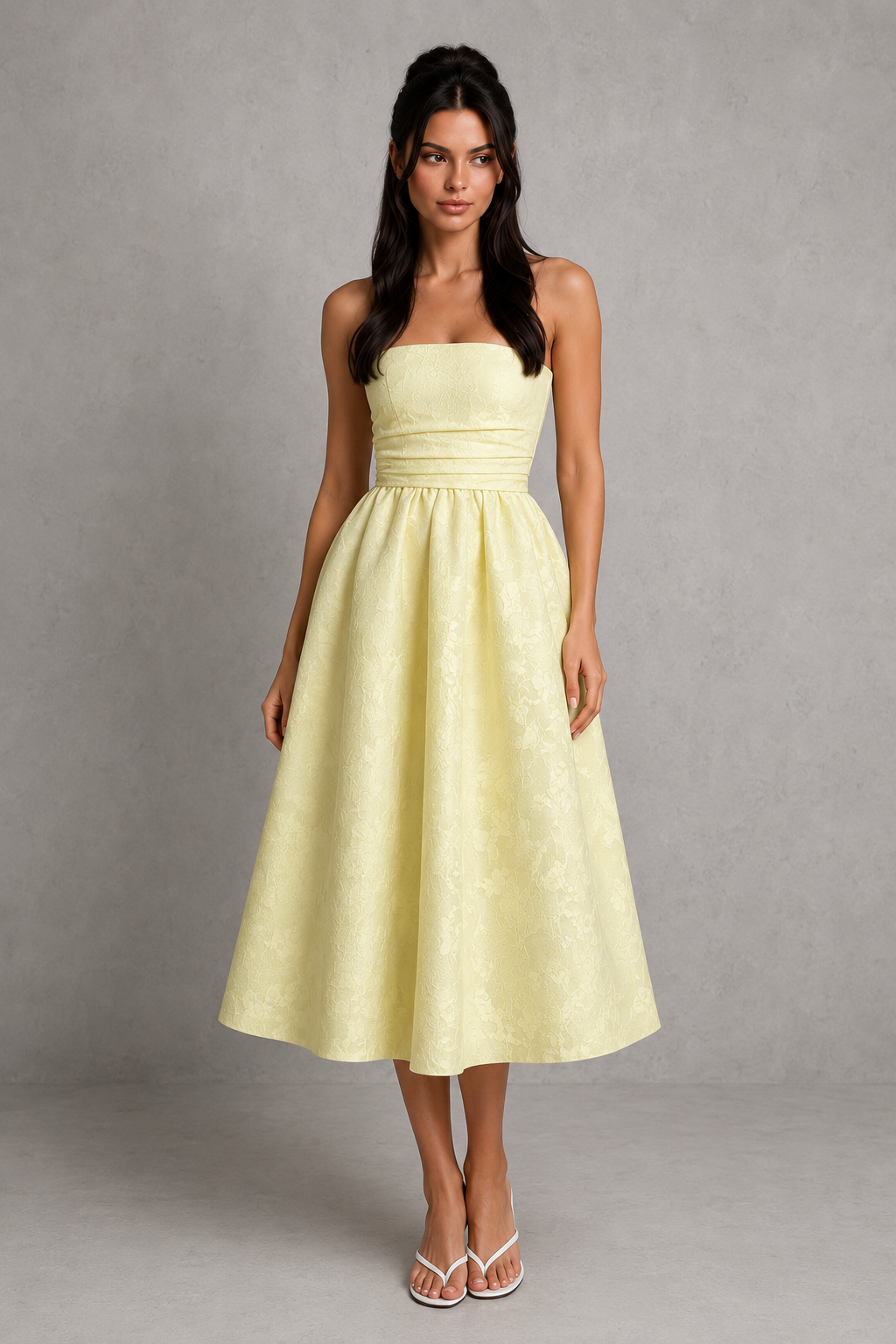 Women's strapless floral jacquard midi dress with a structured boned corset bodice, pleated detailing, lace-up back, and a voluminous tulle-lined skirt, ideal for weddings, garden parties, and special occasions.