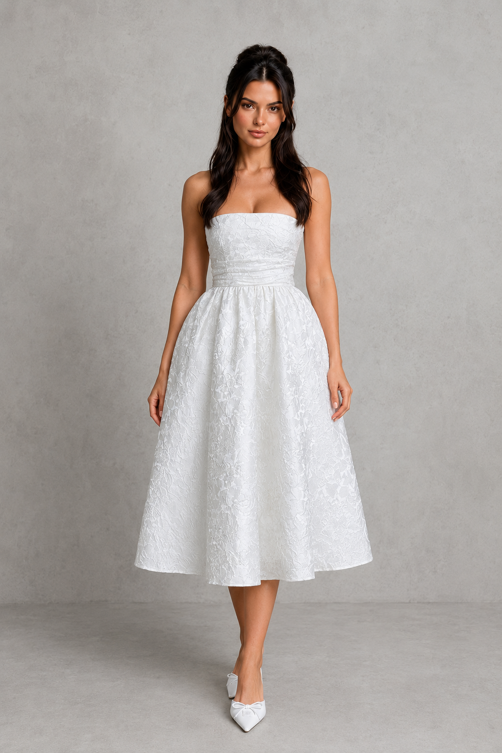 Women's strapless floral jacquard midi dress with a structured boned corset bodice, pleated detailing, lace-up back, and a voluminous tulle-lined skirt, ideal for weddings, garden parties, and special occasions.