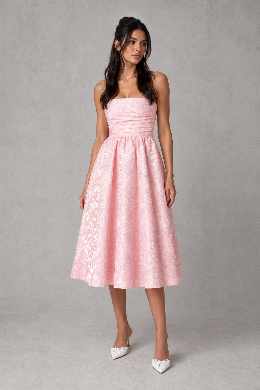 Women's strapless floral jacquard midi dress with a structured boned corset bodice, pleated detailing, lace-up back, and a voluminous tulle-lined skirt, ideal for weddings, garden parties, and special occasions.