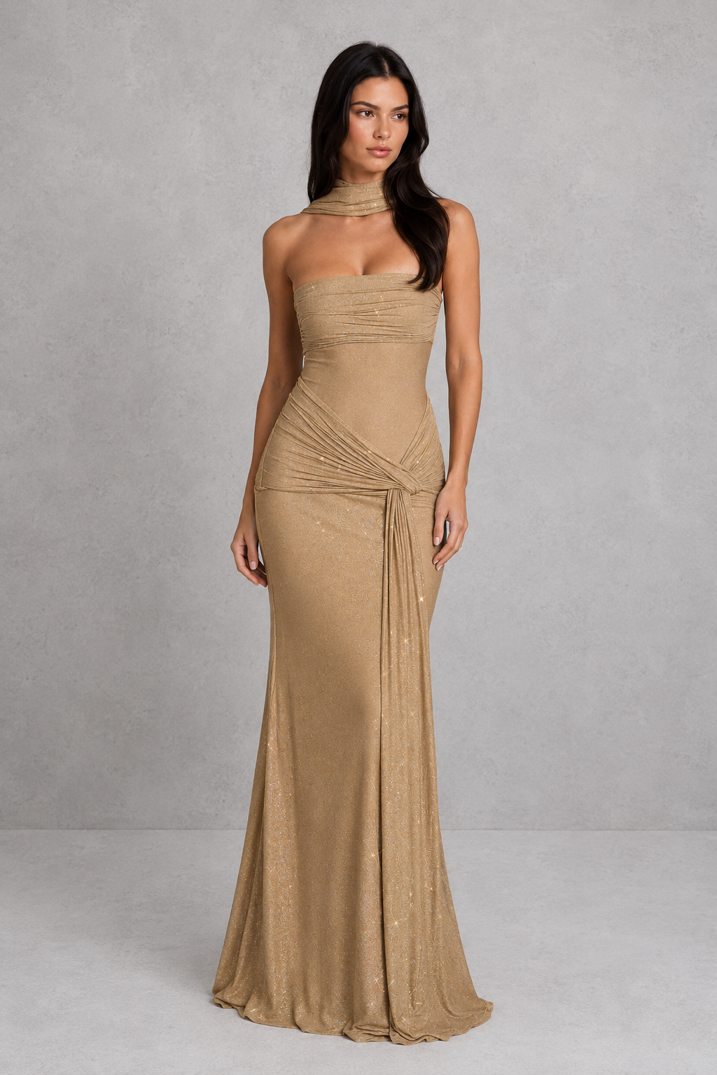 Women's strapless glitter maxi dress with ruched waist detail, fitted bodice, semi-sheer mesh bodice panel, fit-and-flare skirt, and shimmering finish for evening parties, formal events, and special occasions.