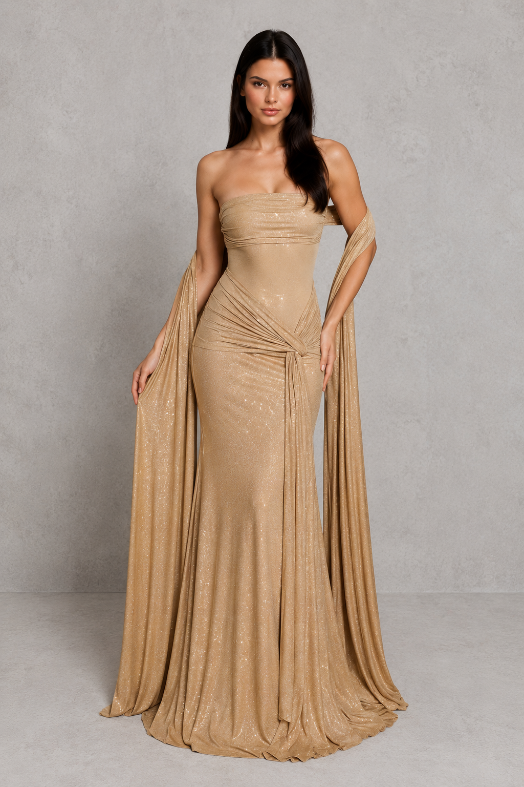 Women's strapless glitter maxi dress with ruched waist detail, fitted bodice, semi-sheer mesh bodice panel, fit-and-flare skirt, and shimmering finish for evening parties, formal events, and special occasions.