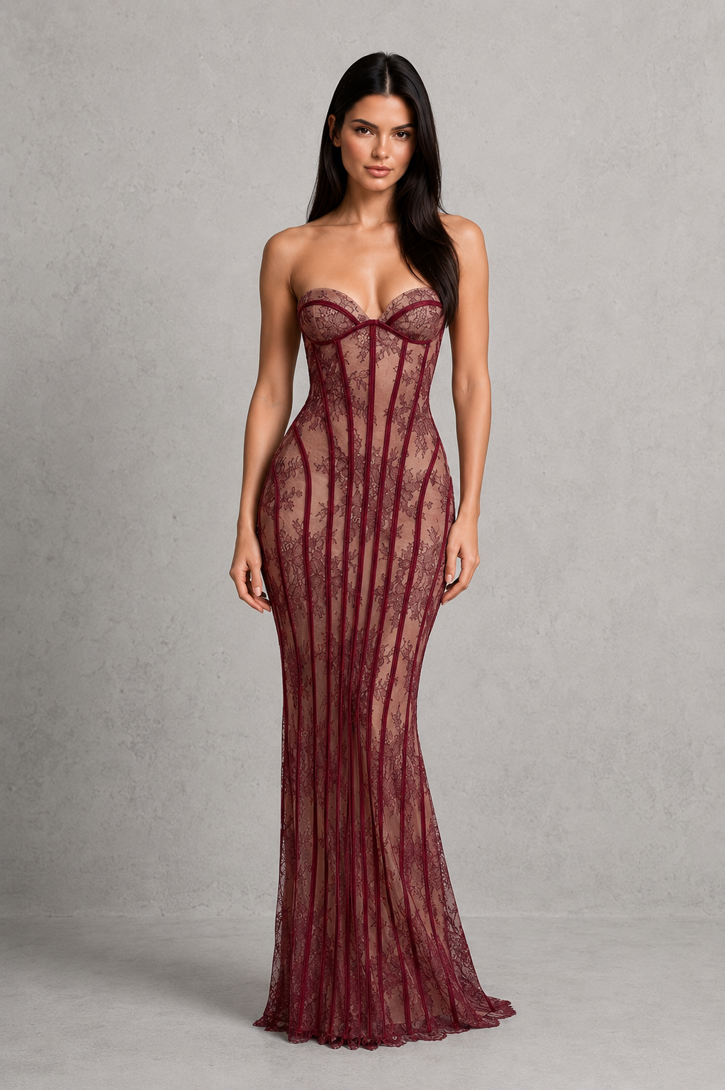 Women's strapless burgundy floral lace maxi dress with structured corset bodice, lightly padded underwired cups, lace-up back, column skirt, and elegant eyelash lace trim for formal occasions.