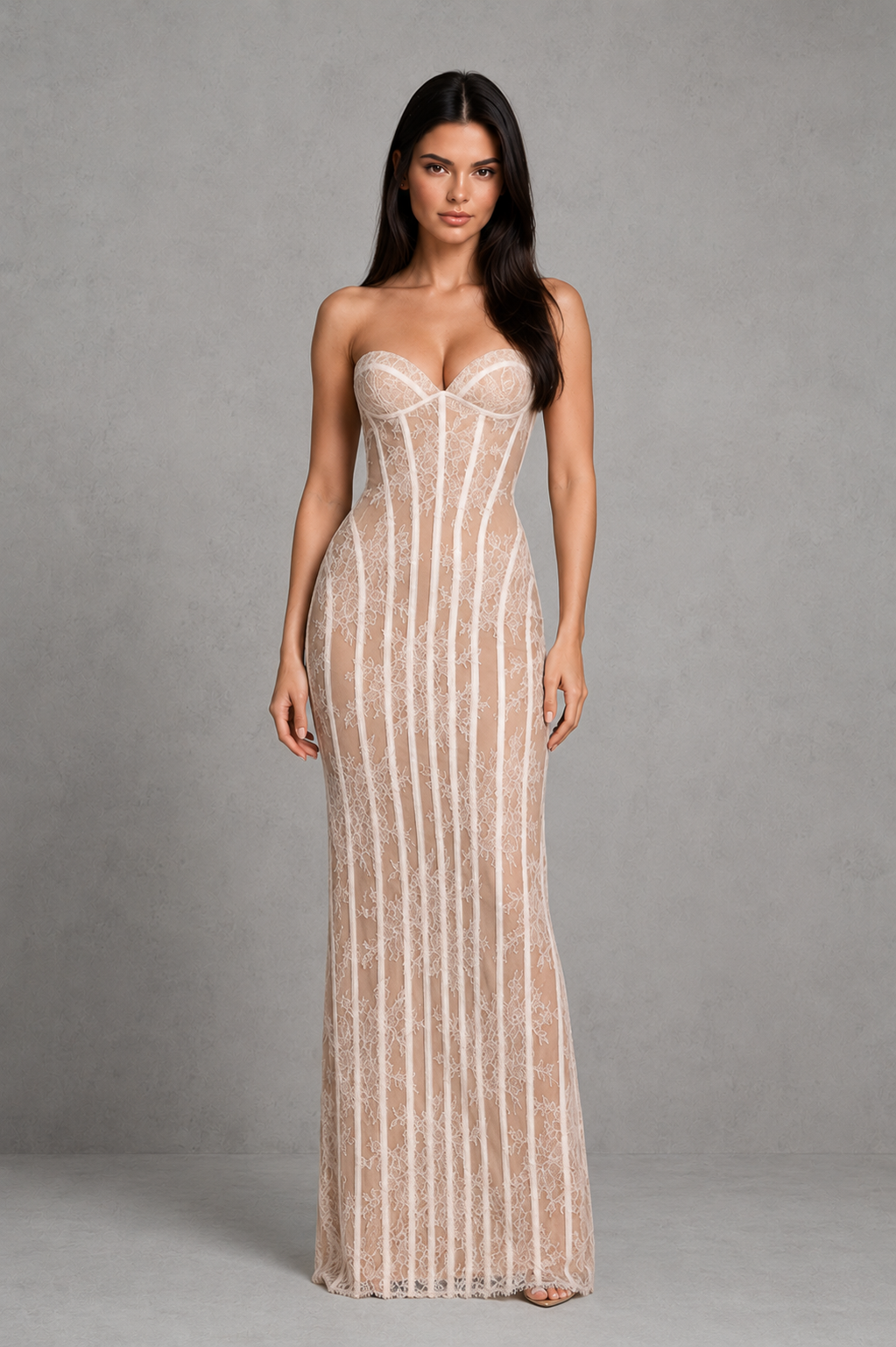 Women's strapless burgundy floral lace maxi dress with structured corset bodice, lightly padded underwired cups, lace-up back, column skirt, and elegant eyelash lace trim for formal occasions.