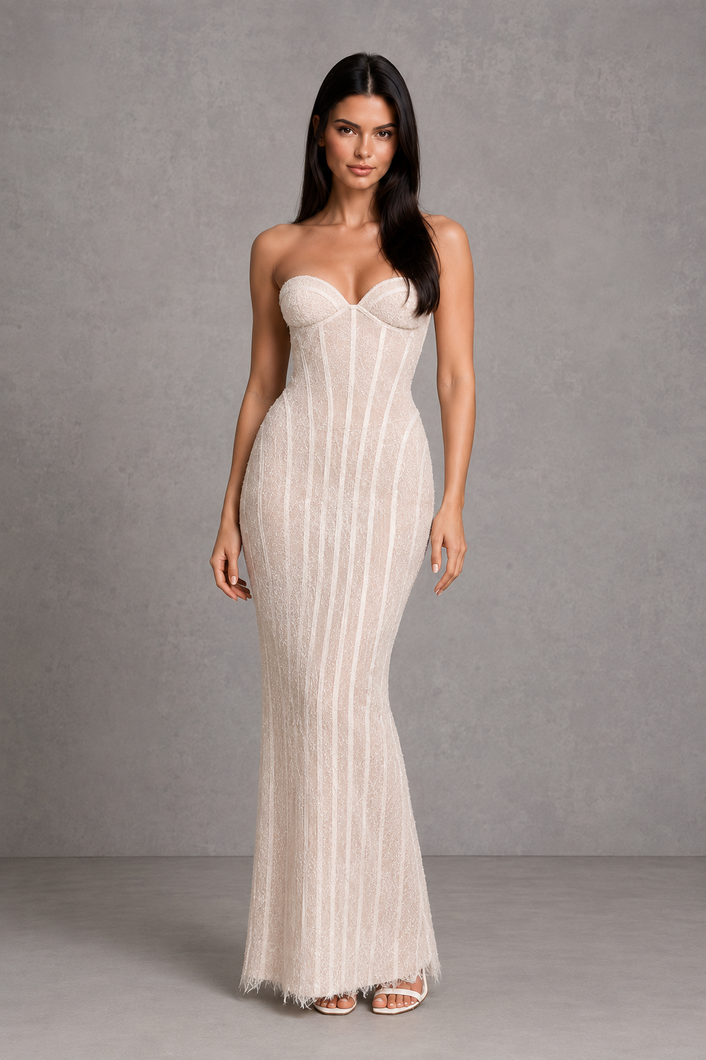 Women's strapless burgundy floral lace maxi dress with structured corset bodice, lightly padded underwired cups, lace-up back, column skirt, and elegant eyelash lace trim for formal occasions.